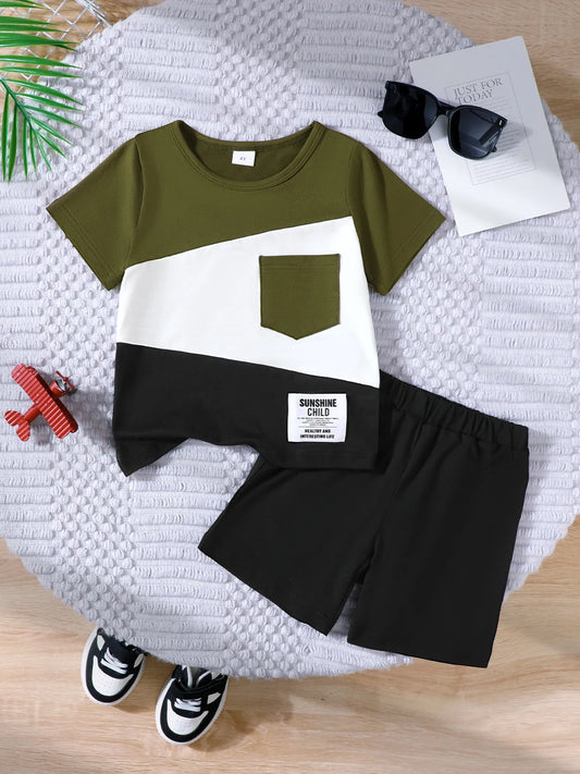 Children's Color Block Short Sleeve Top and Shorts Set