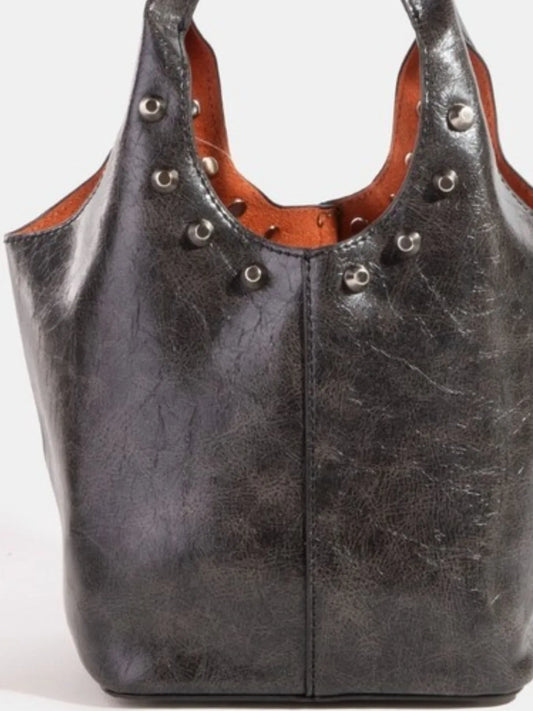 Fame Weathered Faux Leather And Studs Bucket Bag