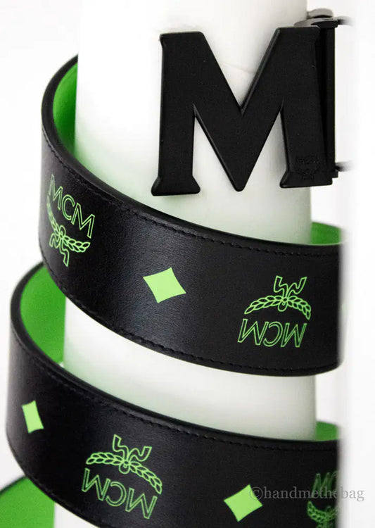 MCM Smooth Visetos Logo Summer Green Leather Adjustable Reversible M Buckle Belt