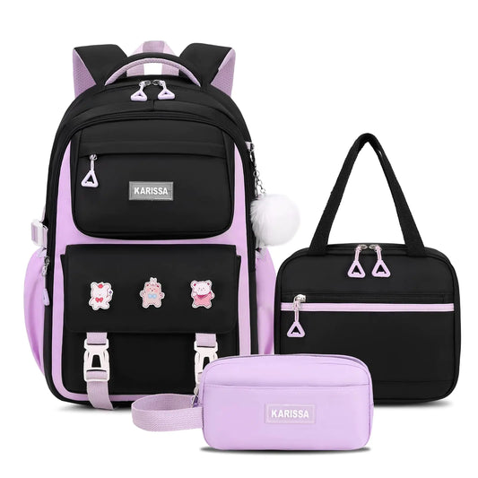 PIG PIG GIRL Girls Backpack Kids Backpack for Girls with Anti-theft Back Pocket Lightweight School Backpack Watrer Resistant Bookbag for Elementary Primary School Black Purple 3pcs