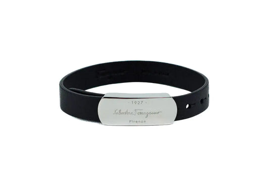 Salvatore Ferragamo Black Leather Silver Toned 1927 Logo Bracelet