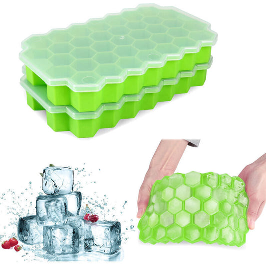 Ice Cube Tray, Set of 2 Honeycomb Shape Silicone Ice Cube Mold with Lid Storage