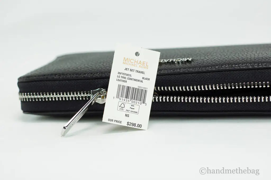 Michael Kors Jet Set Travel Large Black Leather Silver Continental Wrist Wallet