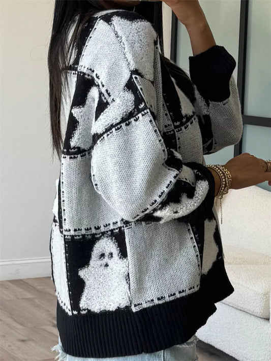 Halloween Ghost Checkered Drop Shoulder Sweater