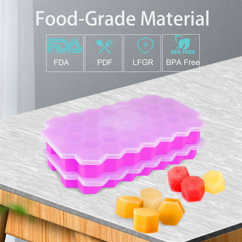 Ice Cube Tray, Set of 2 Honeycomb Shape Silicone Ice Cube Mold with Lid Storage