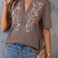 Embroidered Notched Short Sleeve T-Shirt