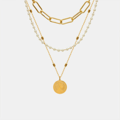 Synthetic Pearl Titanium Steel Three-Layered Necklace