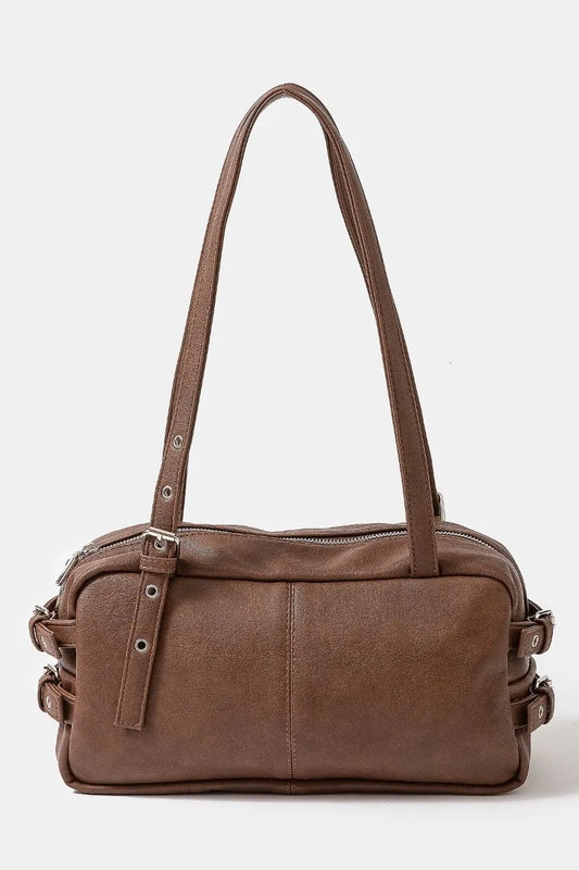 Fame Multi Grommet Belt Strap Rustic Rectangular Hand Bag