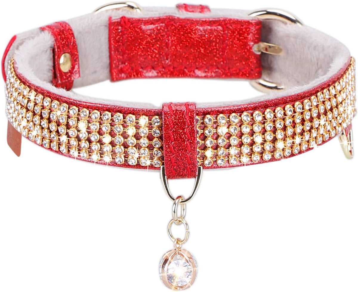 Cat Collar, Dog Collar, [Bling Rhinestones] Premium PU Leather with Pendant Adjustable Collars for Small to Medium Dog Medium Pink