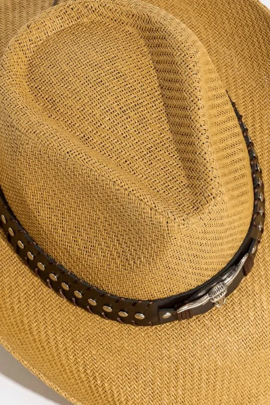 Fame Studded Bull Head Strap Straw Western Cowboy Hat