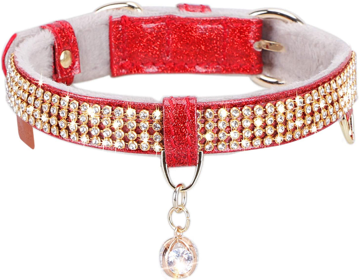 Cat Collar, Dog Collar, [Bling Rhinestones] Premium PU Leather with Pendant Adjustable Collars for Small to Medium Dog Medium Pink