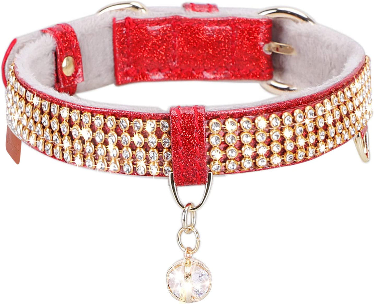 Cat Collar, Dog Collar, [Bling Rhinestones] Premium PU Leather with Pendant Adjustable Collars for Small to Medium Dog Medium Pink