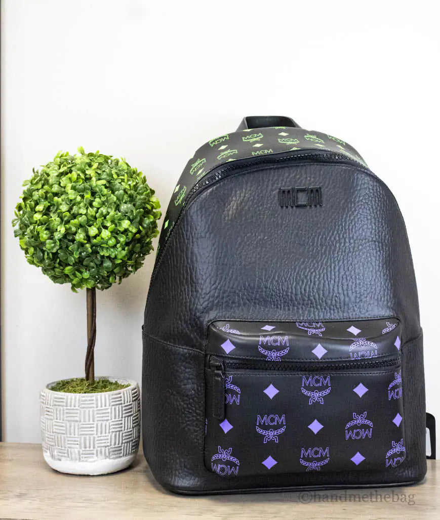 MCM Color Splash Green Purple Medium Mixed Leather Backpack