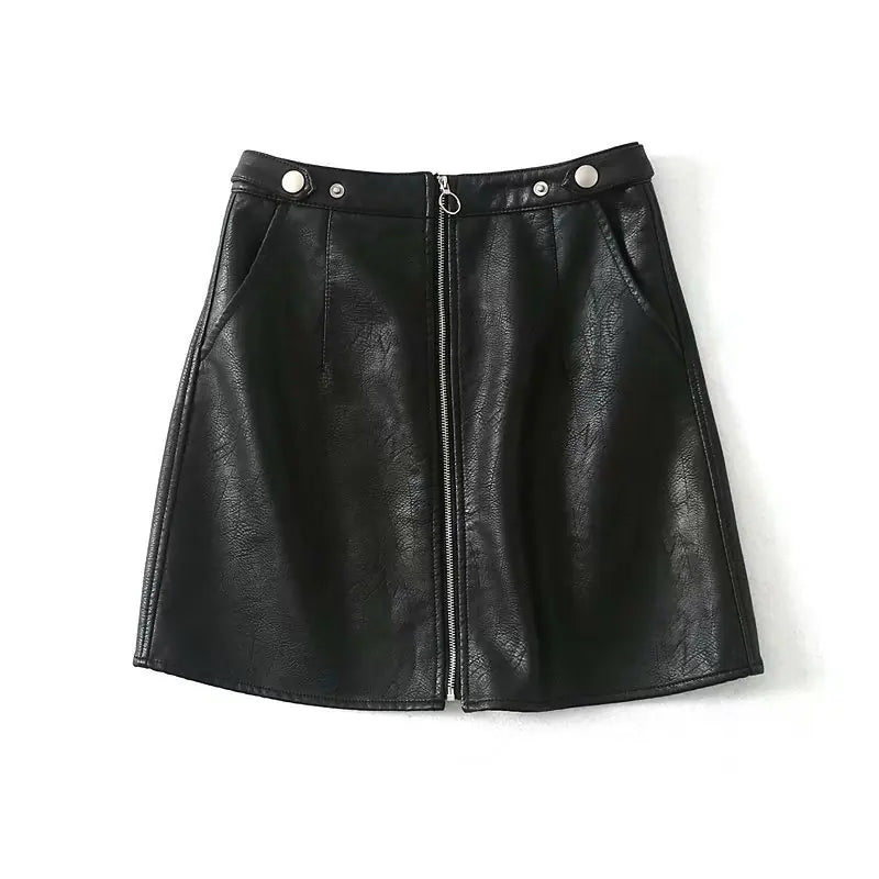 High Waist Slim Zipper A-Line PU Leather Short Skirt