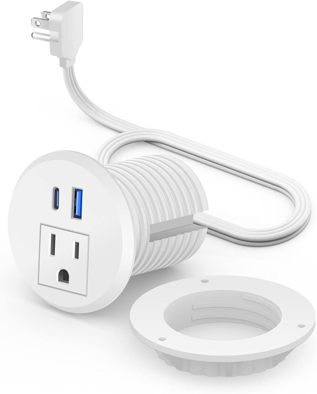 Desktop Power Grommet,Desk Grommet Outlet 2 Inch Hole,Power Grommet with USB, Easy Access to 1 Power Source along with 2 USB Power Port Connections(White)