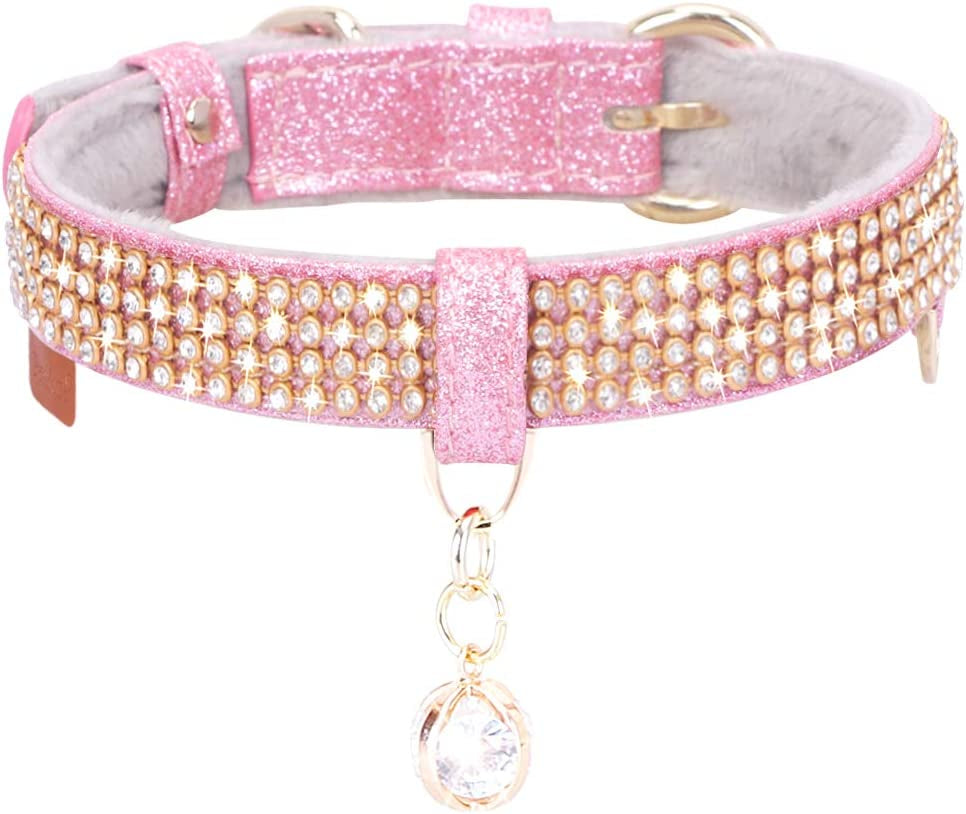 Cat Collar, Dog Collar, [Bling Rhinestones] Premium PU Leather with Pendant Adjustable Collars for Small to Medium Dog Medium Pink