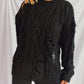 Distressed Cable-Knit Round Neck Long Sleeve Sweater