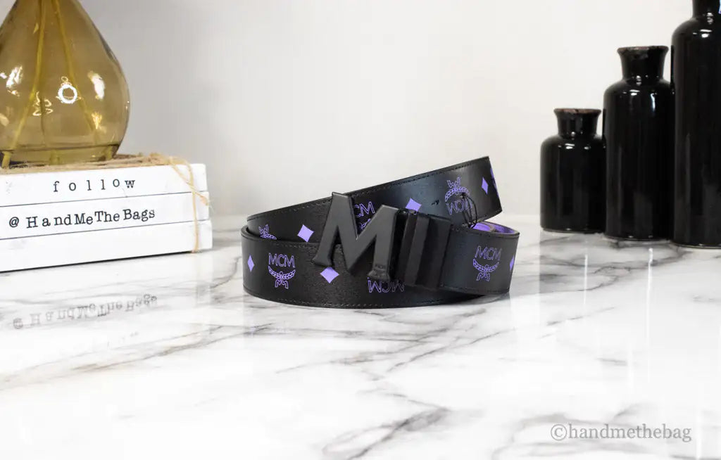 MCM Smooth Visetos Logo Dahlia Purple Leather Adjustable Reversible M Buckle Belt