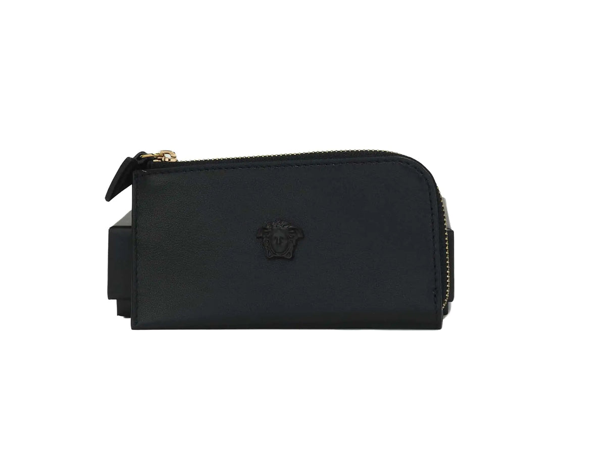 Versace Small Black Leather Matte Medusa Zip Card Case