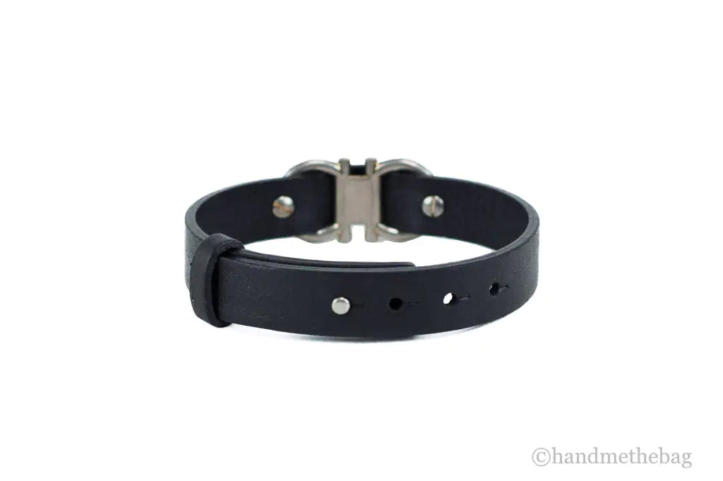 Salvatore Ferragamo Black Calf Leather Gancio Hook Logo Lettering Bracelet