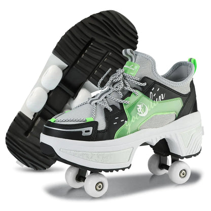 Roller Skate Shoes for Women Kids Roller Shoes Boy Girl Sneakers with Retractable Wheels Breathable Roller Skates Shoes for Christmas Birthday Children Show Gift (Green 10.5)