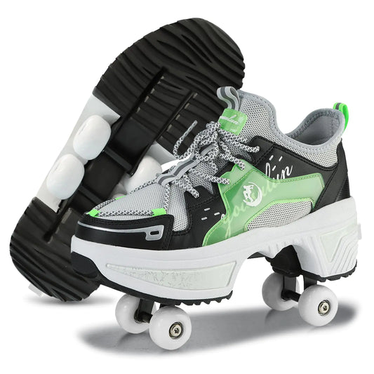 Roller Skate Shoes for Women Kids Roller Shoes Boy Girl Sneakers with Retractable Wheels Breathable Roller Skates Shoes for Christmas Birthday Children Show Gift (Green 10.5)