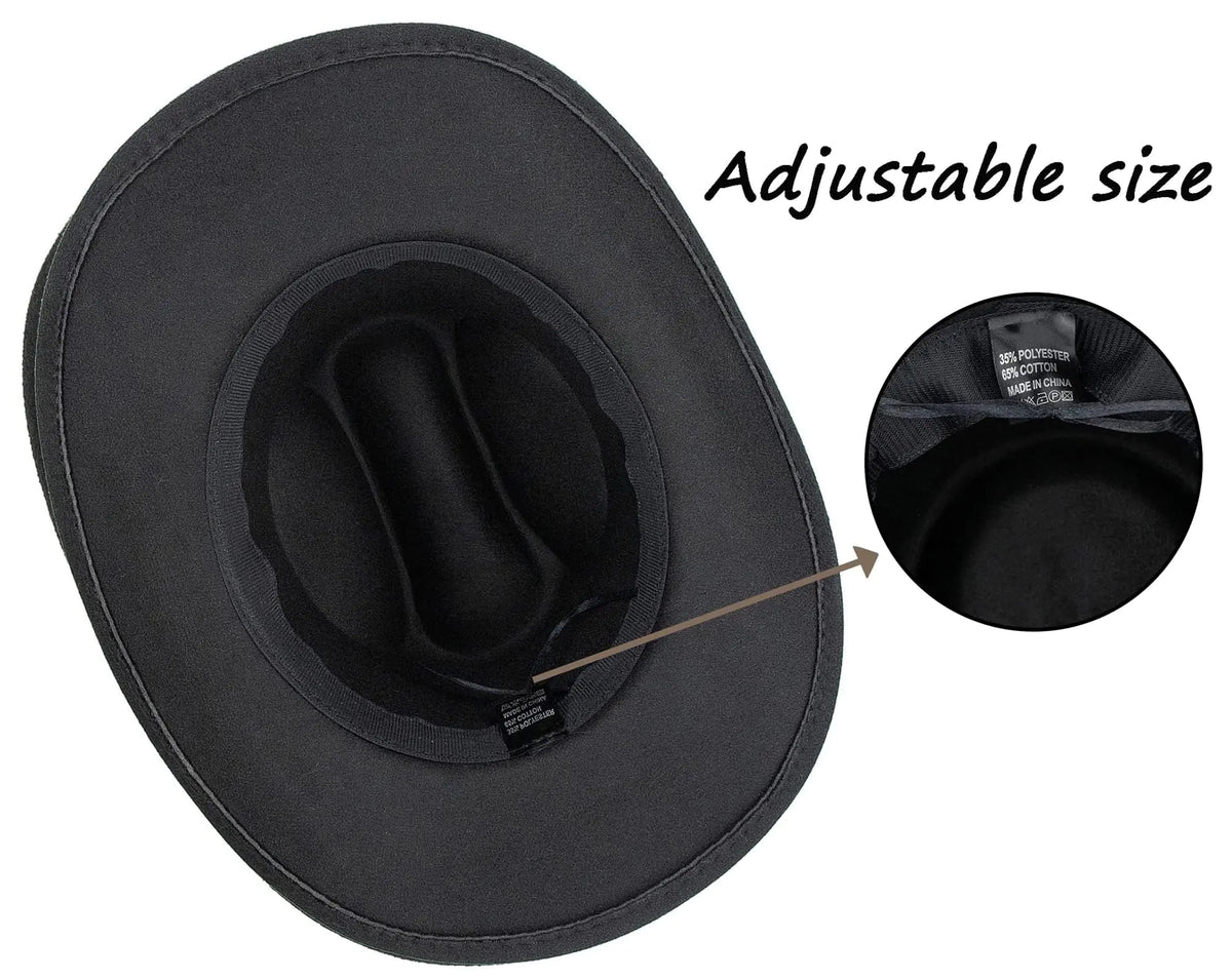Western Cowboy Hat for Men Women Classic Roll Up Fedora Hat with Buckle Belt(Size:Medium) Black - Square Medium