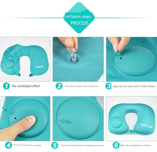 U-Shape Pillow Inflatable Blowing Neck Protection Pillow Afternoon Nap Pillow Aircraft Portable Travel Press Type Handy Gadget Travel Three Pieces