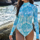 Printed Mock Neck Long Sleeve One-Piece Swimwear