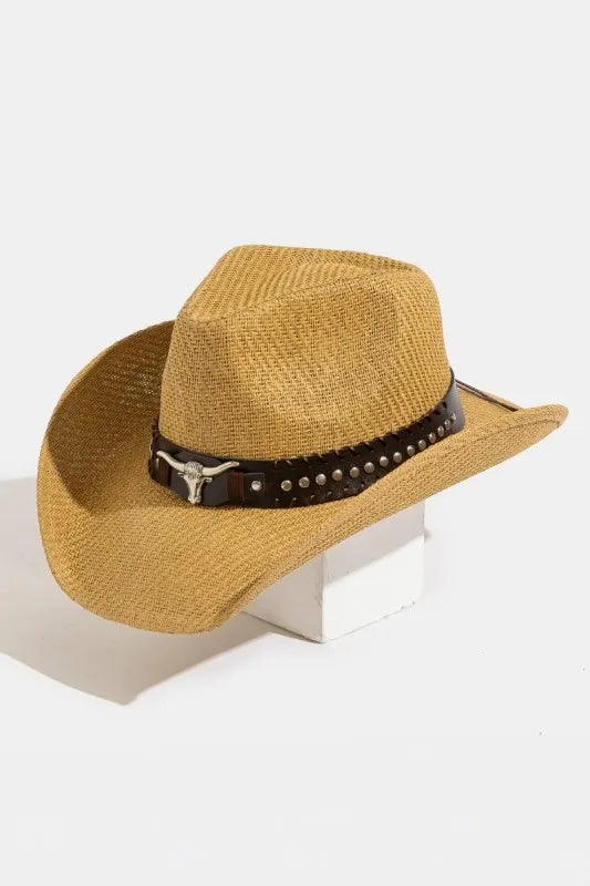 Fame Studded Bull Head Strap Straw Western Cowboy Hat