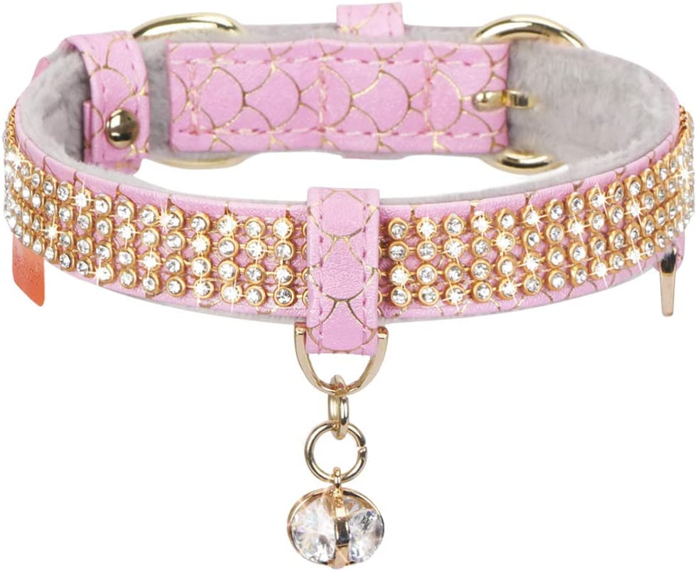 Cat Collar, Dog Collar, [Bling Rhinestones] Premium PU Leather with Pendant Adjustable Collars for Small to Medium Dog Medium Pink