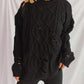 Distressed Cable-Knit Round Neck Long Sleeve Sweater