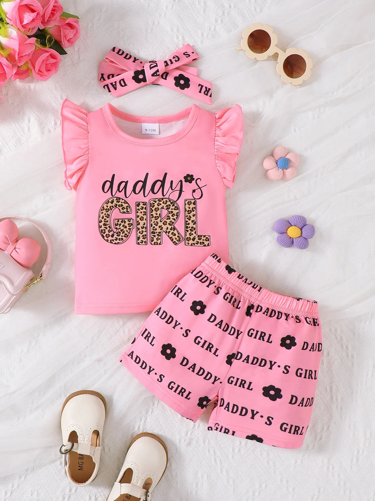 Children's Headband Letter Ruffle Sleeve Top and Shorts 3-Piece Set