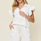 Double Take Full Size Texture Flounce Sleeve Top and Drawstring Shorts Set