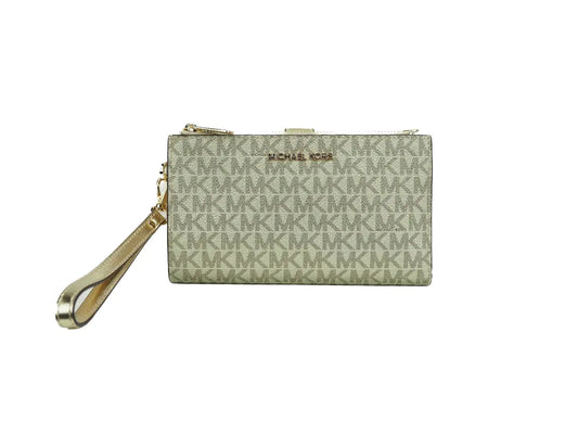 Michael Kors Jet Set Travel Pale Gold PVC Leather Large Double Zip Wrist Wallet