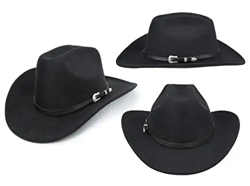 Western Cowboy Hat for Men Women Classic Roll Up Fedora Hat with Buckle Belt(Size:Medium) Black - Square Medium